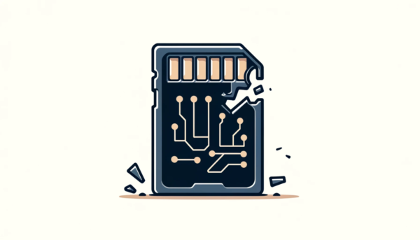 A simple horizontal illustration showing a physically damaged SD card. The SD card is visibly cracked or broken, with exposed circuits and bent metal contacts. The background is plain, emphasizing the damage to the SD card. The overall style is minimalist, focusing on the core concept of physical damage to the SD card.